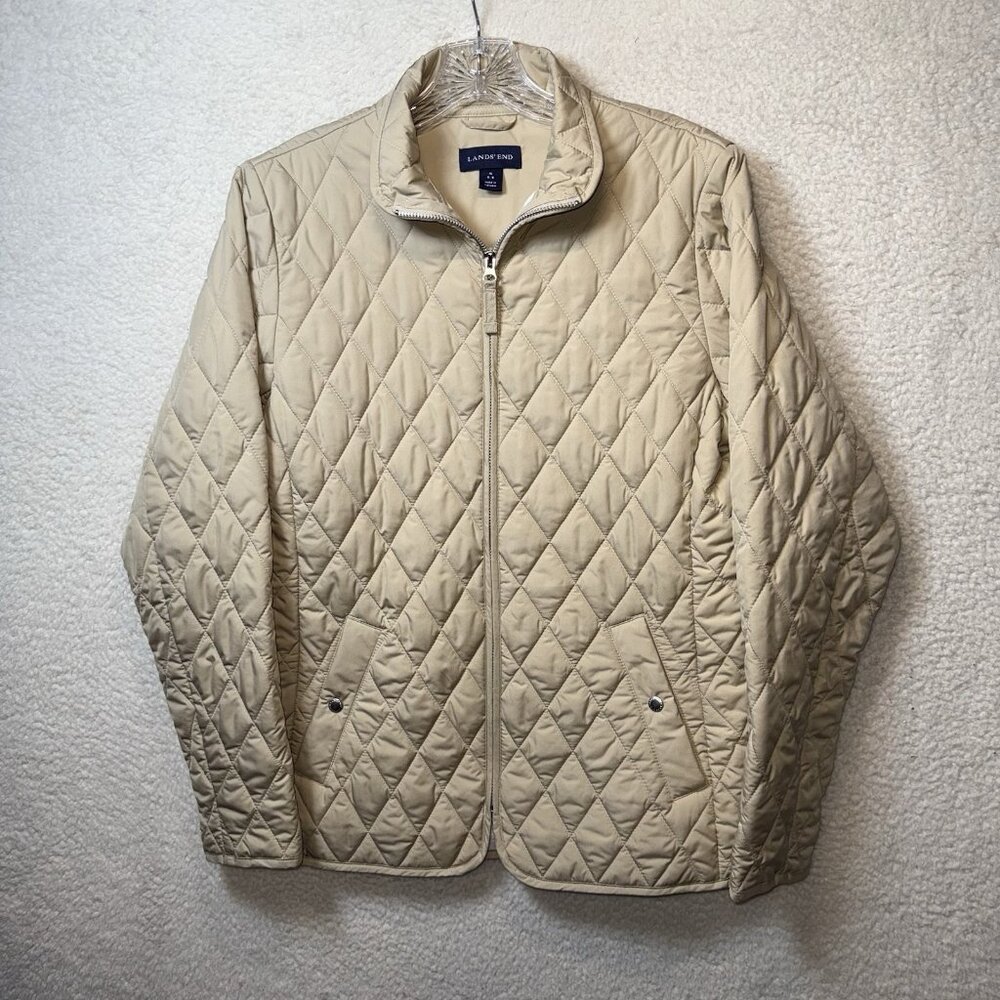 Lands End Women Jacket Small Beige Tan‎ Polyester Diamond Quilted Long
